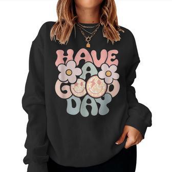 Have A-Good-Day-Retro-Smiley-Face And Flower Aesthetic Women Crewneck Graphic Sweatshirt - Thegiftio