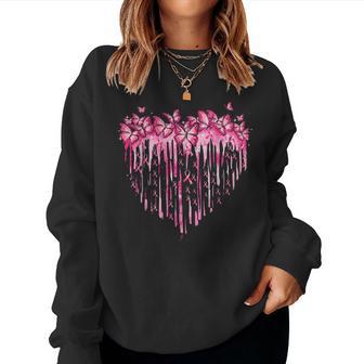 Heart Pink Ribbon Butterflies Butterfly Breast Cancer Womens Women Crewneck Graphic Sweatshirt - Thegiftio