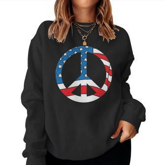 Hippie America Flag Peace Symbol Design Women Crewneck Graphic Sweatshirt - Seseable