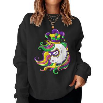 Jester Rainbow Unicorn Design Mardi Gras Mask Costume  Women Crewneck Graphic Sweatshirt