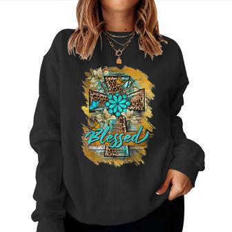 Leopard Cross With Turquoise Flowers Blessed Jesus Christian Women Crewneck Graphic Sweatshirt - Thegiftio UK