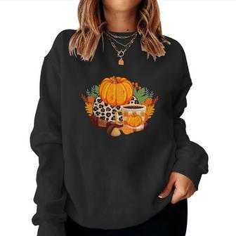 Leopard Pumpkin Latte Coffee Fall Season Women Crewneck Graphic Sweatshirt - Seseable