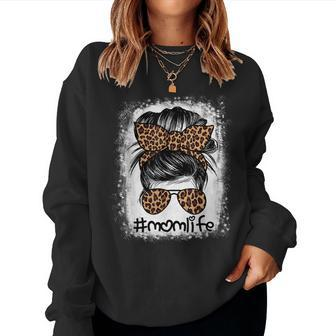 Mom Life Bleached Mom Life Leopard Messy Bun Women Crewneck Graphic Sweatshirt - Thegiftio UK