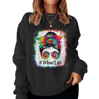 Mom Life Bleached Mom Life Tie Dye Messy Bun Women Crewneck Graphic Sweatshirt - Thegiftio UK