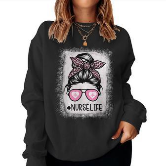 Nurse Life Bleached Pink Leopard Messy Bun Nurse Life Women Crewneck Graphic Sweatshirt - Thegiftio UK