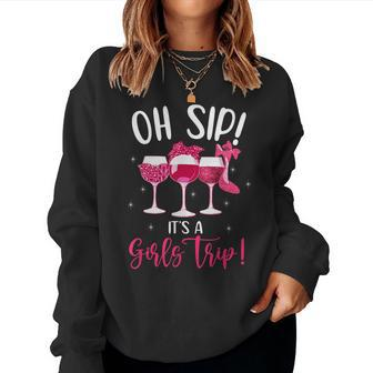 Oh Sip Its A Girls Trip Fun Wine Party Leopard Sunglasses Women Crewneck Graphic Sweatshirt - Thegiftio UK