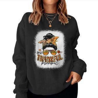 One Thankful Principal Messy Bun Fall Thanksgiving Gifts  Women Crewneck Graphic Sweatshirt