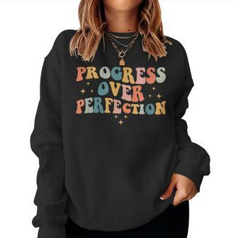 Progress Over Perfection Motivational Teacher Groovy Retro Women Crewneck Graphic Sweatshirt - Thegiftio UK