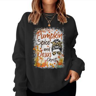 Pumpkin Spice And Jesus Christ Leopard Messy Bun Fall  Women Crewneck Graphic Sweatshirt