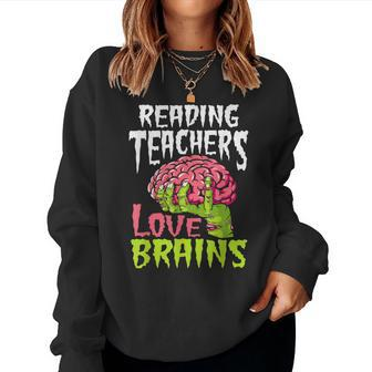 Reading Teachers Love Brains Zombie Teacher School Halloween Women Crewneck Graphic Sweatshirt - Thegiftio UK