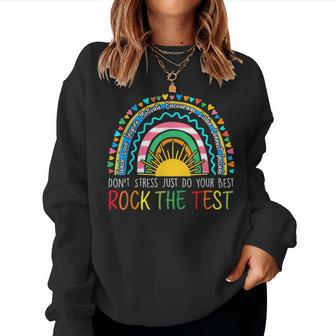 Rock The Test Teacher Test Day Testing Day Rainbow Teacher Women Crewneck Graphic Sweatshirt - Thegiftio UK