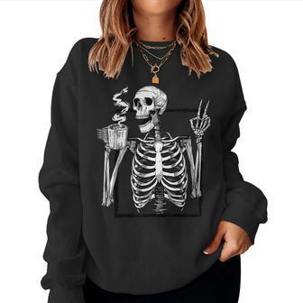 Skeleton Drinking Coffee Peace Halloween Grunge Aesthetic Women Crewneck Graphic Sweatshirt - Thegiftio UK