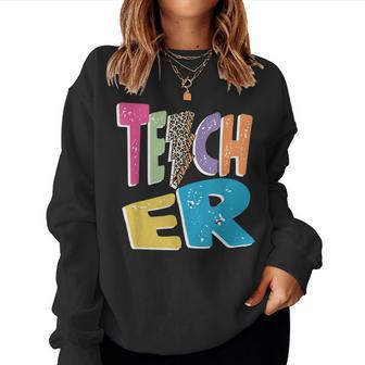 Teacher Colorful Distressed Leopard Lightning Bolt Trendy Women Crewneck Graphic Sweatshirt - Thegiftio UK