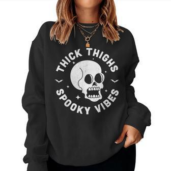 Thick Thighs Spooky Vibes Funny Halloween Skull Workout Gym Women Crewneck Graphic Sweatshirt - Seseable