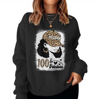 Womens 100 Years Old Fabulous Messy Bun Afro Leopard 100Th Birthday Women Crewneck Graphic Sweatshirt - Thegiftio UK