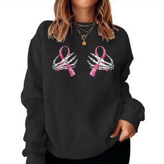 Womens Boob Skeleton Hand On Breast Cancer Ribbon Halloween Womens Women Crewneck Graphic Sweatshirt - Thegiftio UK