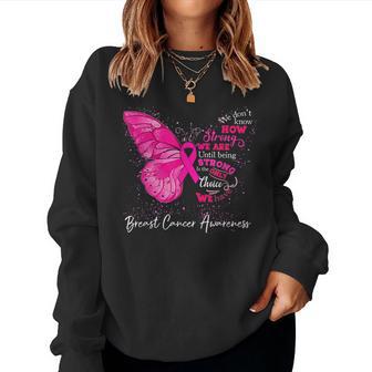 Womens Breast Cancer Awareness Pink Ribbon Butterfly Women Crewneck Graphic Sweatshirt - Thegiftio