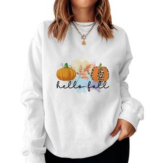 Hello Fall Pumpkins Thanksgiving Season Women Crewneck Graphic Sweatshirt