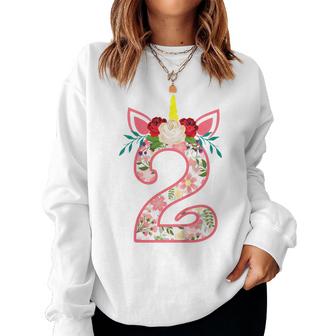 Kids 2 Year Old Gifts 2Nd Birthday Girls Unicorn Face Flower  Women Crewneck Graphic Sweatshirt