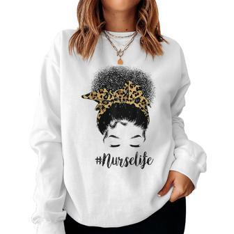 Afro Nurse Life Messy Bun Leopard Funny Black Nurse Women Crewneck Graphic Sweatshirt - Thegiftio UK