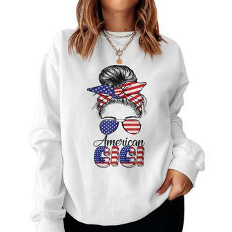 American Gigi Messy Hair Bun Sunglass Bandana American Flag Women Crewneck Graphic Sweatshirt - Thegiftio UK