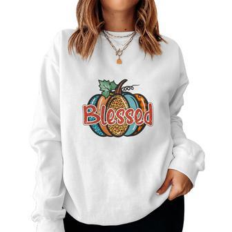 Colorful Pumpkin Blessed Thankful Fall Gift Women Crewneck Graphic Sweatshirt - Seseable