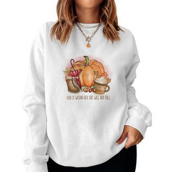 Cozy Autumn Fall God Is Within Her She Will Not Fall Women Crewneck Graphic Sweatshirt - Seseable