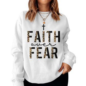 Faith Over Fear Leopard Letters Christian Faith Cross Women Crewneck Graphic Sweatshirt - Thegiftio UK