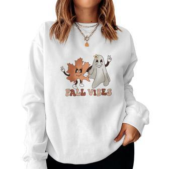 Fall Vibes Leaf And Boo Women Crewneck Graphic Sweatshirt - Seseable