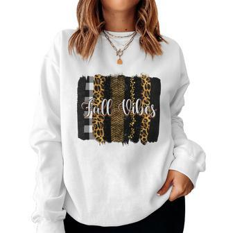 Fall Vibes Leopard Pattern Black Women Crewneck Graphic Sweatshirt - Seseable