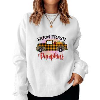 Farm Fresh Pumpkins Truck Thanksgiving Women Crewneck Graphic Sweatshirt - Seseable
