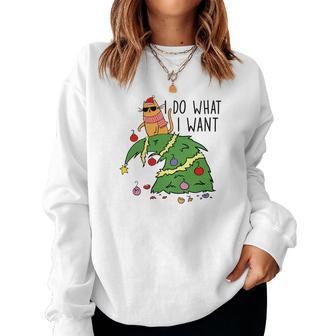 Funny Christmas Cat I Do What I Want Xmas Holiday Women Crewneck Graphic Sweatshirt - Seseable