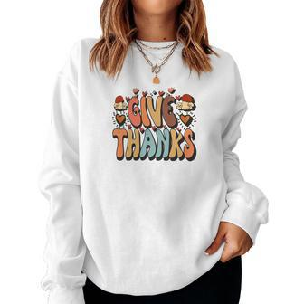 Give Thanks Groovy Style Retro Fall Season Women Crewneck Graphic Sweatshirt - Seseable