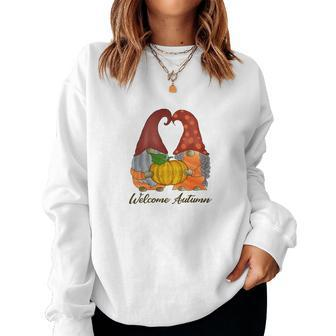 Gnomes Couple Welcome Autumn Fall Season Women Crewneck Graphic Sweatshirt - Seseable