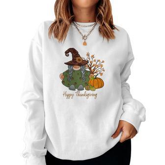 Happy Thanksgiving Gnomes Pumpkin Flowers Women Crewneck Graphic Sweatshirt - Seseable