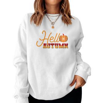 Hello Autumn Pumpkin Hello Fall Women Crewneck Graphic Sweatshirt - Seseable