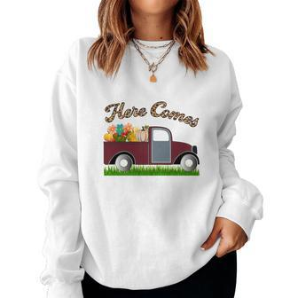 Here Comes Fall Trucks Flowers Pumpkins Women Crewneck Graphic Sweatshirt - Seseable