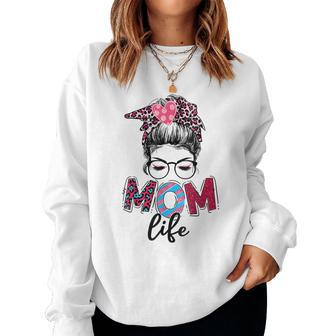 Leopard Messy Bun Mom Life Funny Best Mom Ever Mother Women Crewneck Graphic Sweatshirt - Thegiftio UK