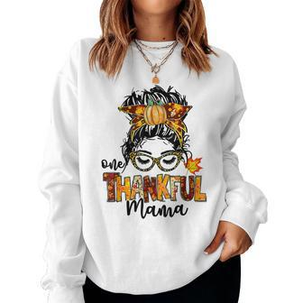 One Thankful Mama Funny Messy Bun Fall Autumn Thanksgiving V13 Women Crewneck Graphic Sweatshirt - Thegiftio