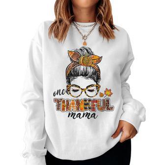 One Thankful Mama Messy Bun Fall Leaves Autumn Thanksgiving Women Crewneck Graphic Sweatshirt - Thegiftio UK