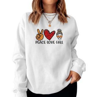 Peace Love Fall Messy Bun Girl Women Crewneck Graphic Sweatshirt - Seseable