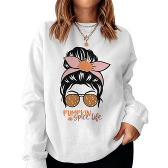 Pumpkin Spice Life Messy Bun Girl Fall Women Crewneck Graphic Sweatshirt - Seseable