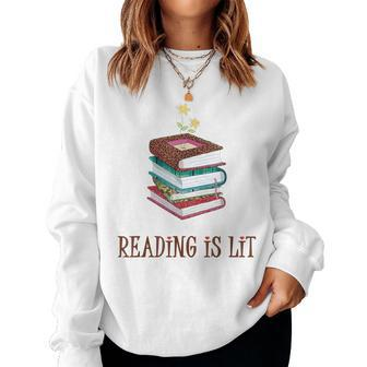Reading Is Lit Literacy Book Flower Literature Teacher Lover Women Crewneck Graphic Sweatshirt - Thegiftio UK