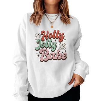 Retro Christmas Holly Jolly Babe Smiley Face Vintage Christmas Women Crewneck Graphic Sweatshirt - Seseable