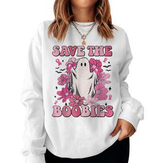 Save The Boobies Pink Ghost Women Breast Cancer Halloween Women Crewneck Graphic Sweatshirt - Thegiftio UK