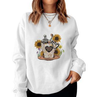 Skeleton And Plants Coffee And Spot Skeleton Drink Coffee Women Crewneck Graphic Sweatshirt - Seseable