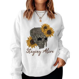 Skeleton And Plants Staying Alive Flower Design Women Crewneck Graphic Sweatshirt - Seseable