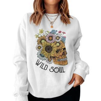 Skeleton And Plants Wild Soul Daisy Flower Women Crewneck Graphic Sweatshirt - Seseable