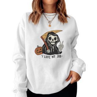 Skeleton Halloween I Love My Job Cute The Death Design Women Crewneck Graphic Sweatshirt - Seseable