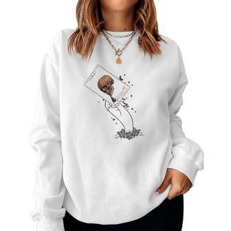 Tarrot Card The Hand Hold The Death Card White Design Women Crewneck Graphic Sweatshirt - Seseable